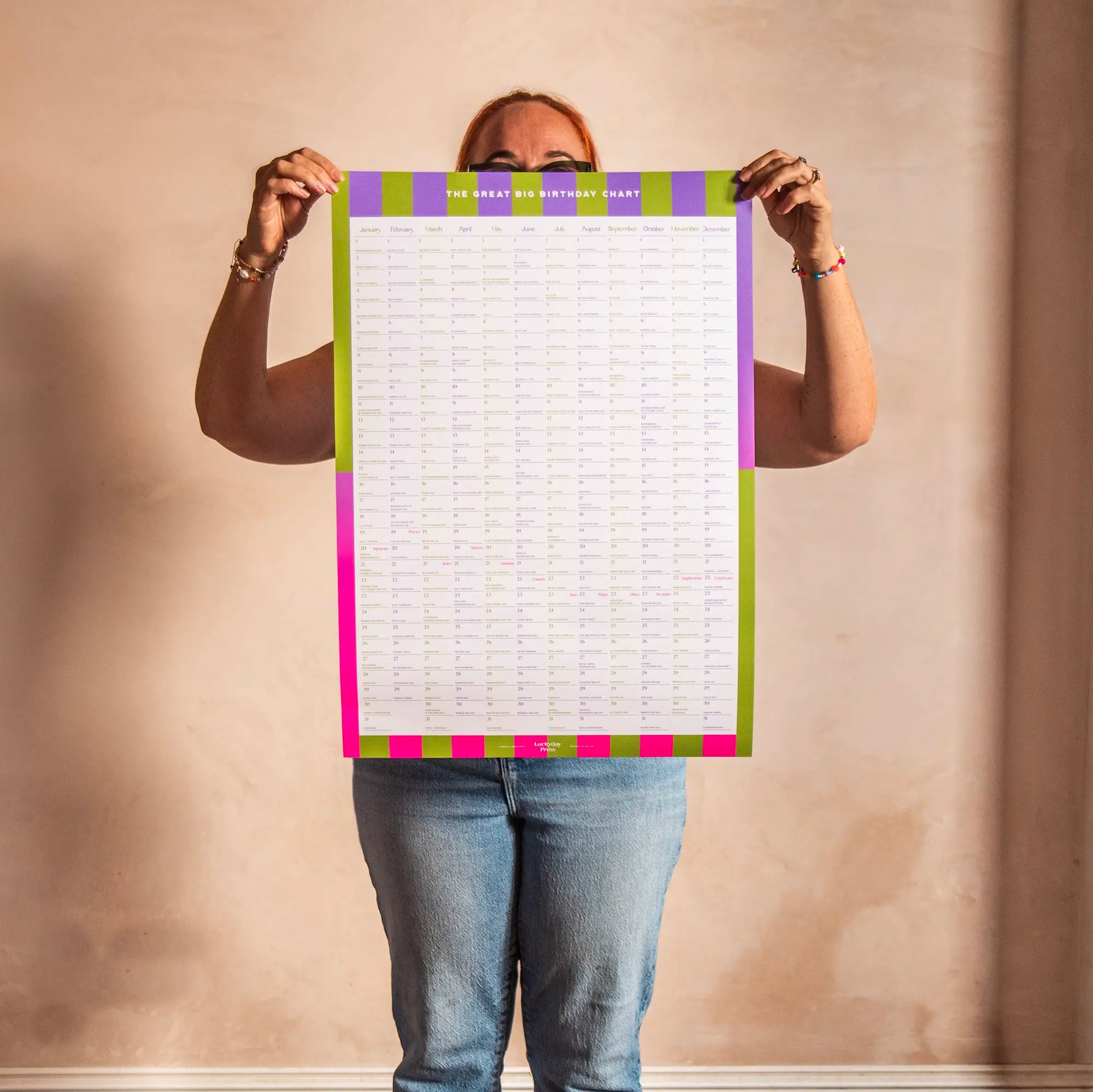 Person holding a perpetual calendar birthday chart with colorful borders against a plain background. Luckyday Press A2 birthday chart perpetual calendar 