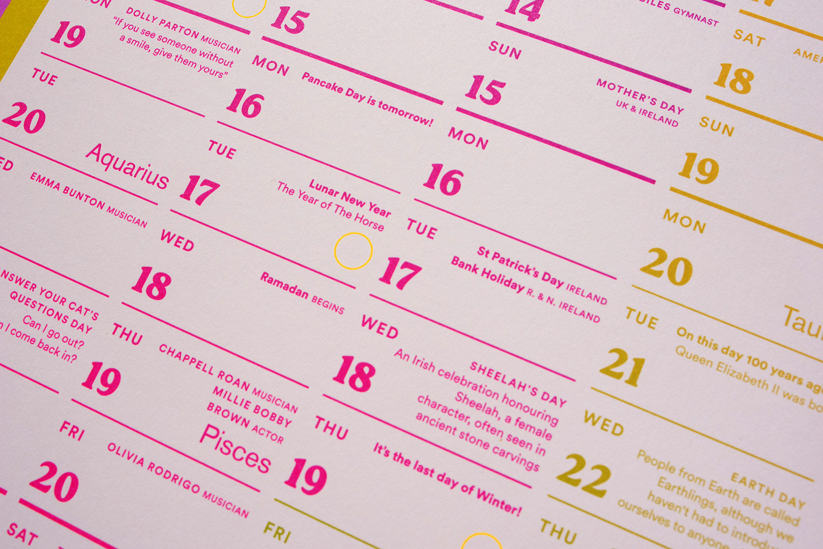 2026 Calendar with pink text and yellow dates on a white background