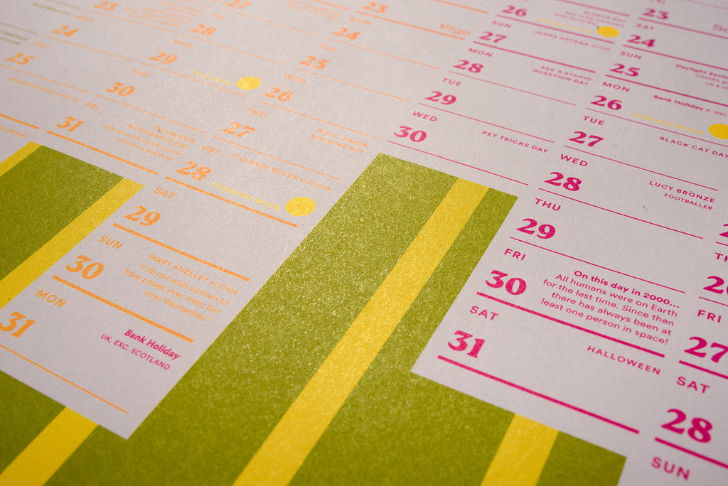 2026 Calendar with green and yellow stripes on a white background