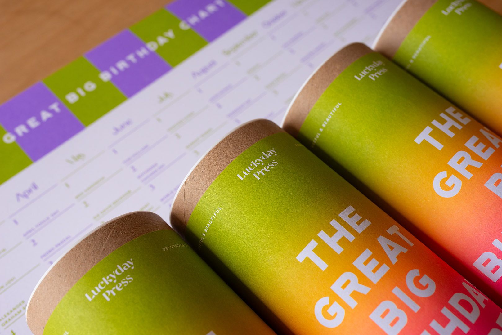 Colorful cylindrical products with 'Luckyday Press' branding on a printed sheet. Luckyday Press A2 birthday chart perpetual calendar on a wooden surface